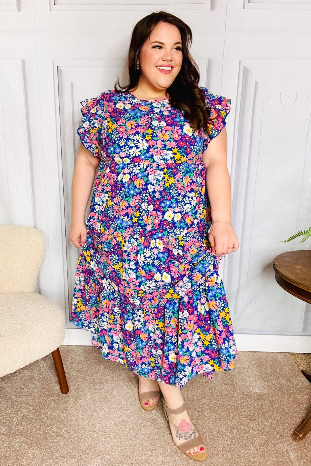Just A Dream Navy Floral Smocked Ruffle Sleeve Maxi Dress | Nikki &amp; Co. Boutique