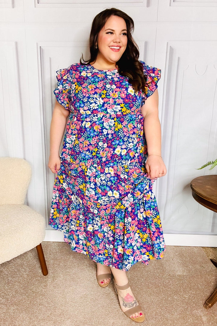 Just A Dream Navy Floral Smocked Ruffle Sleeve Maxi Dress | Nikki &amp; Co. Boutique