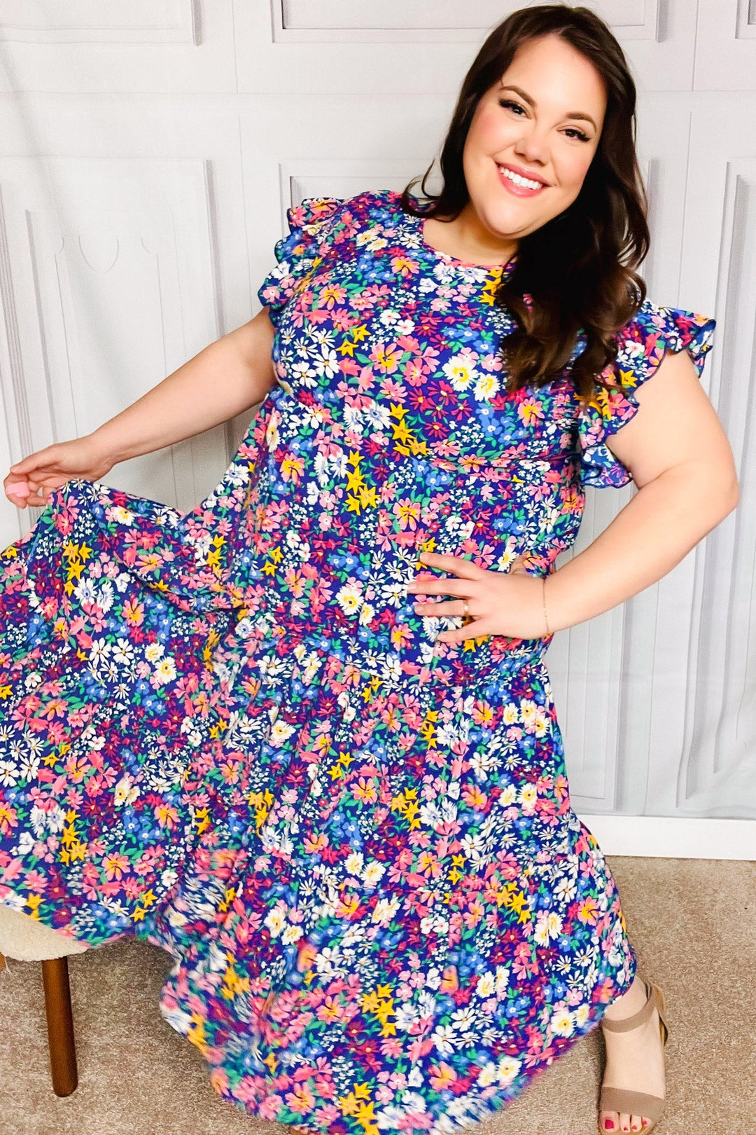 Just A Dream Navy Floral Smocked Ruffle Sleeve Maxi Dress | Nikki &amp; Co. Boutique