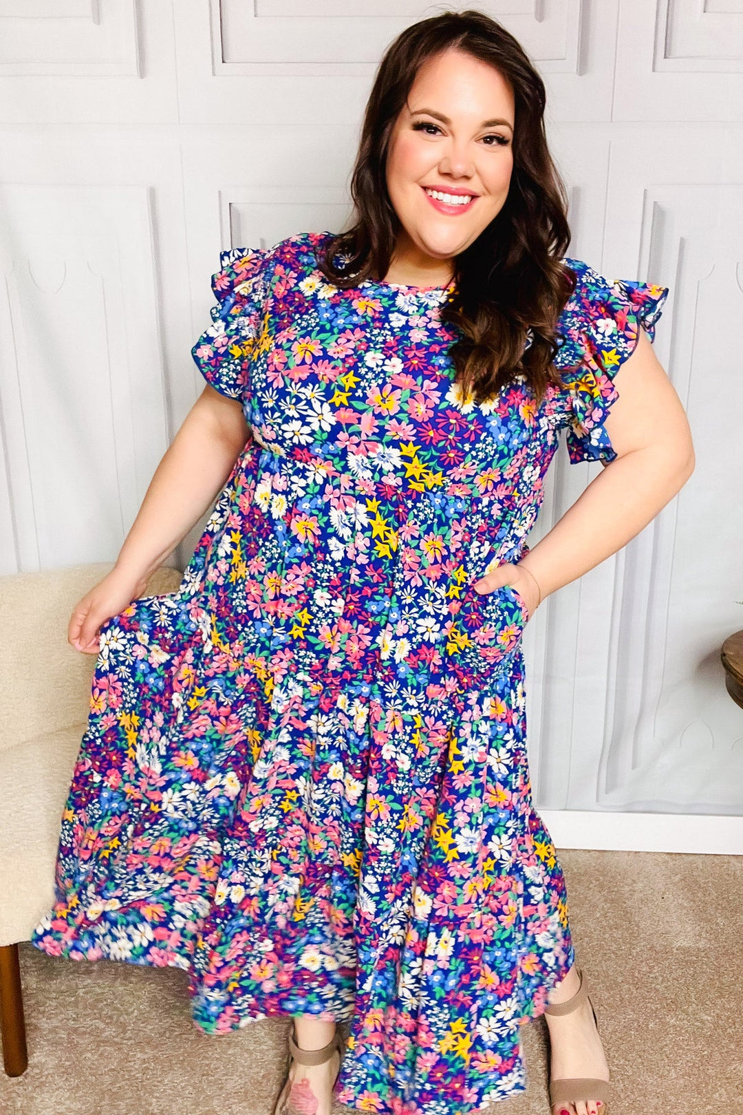 Just A Dream Navy Floral Smocked Ruffle Sleeve Maxi Dress | Nikki &amp; Co. Boutique