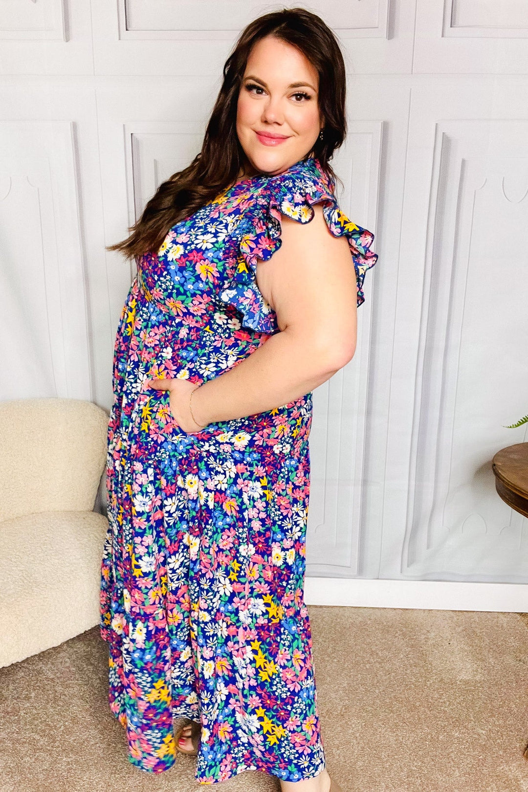 Just A Dream Navy Floral Smocked Ruffle Sleeve Maxi Dress | Nikki &amp; Co. Boutique