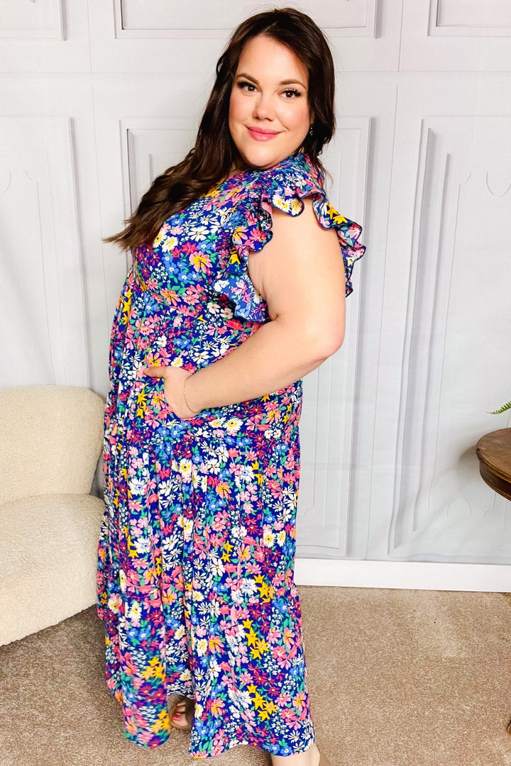 Just A Dream Navy Floral Smocked Ruffle Sleeve Maxi Dress | Nikki &amp; Co. Boutique