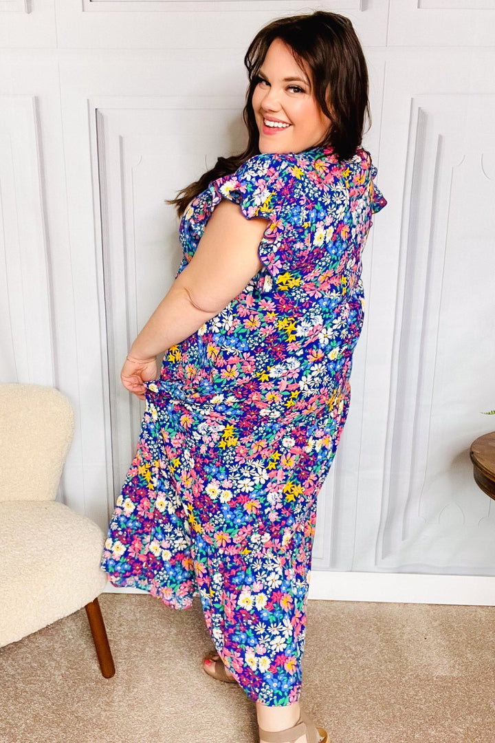 Just A Dream Navy Floral Smocked Ruffle Sleeve Maxi Dress | Nikki &amp; Co. Boutique