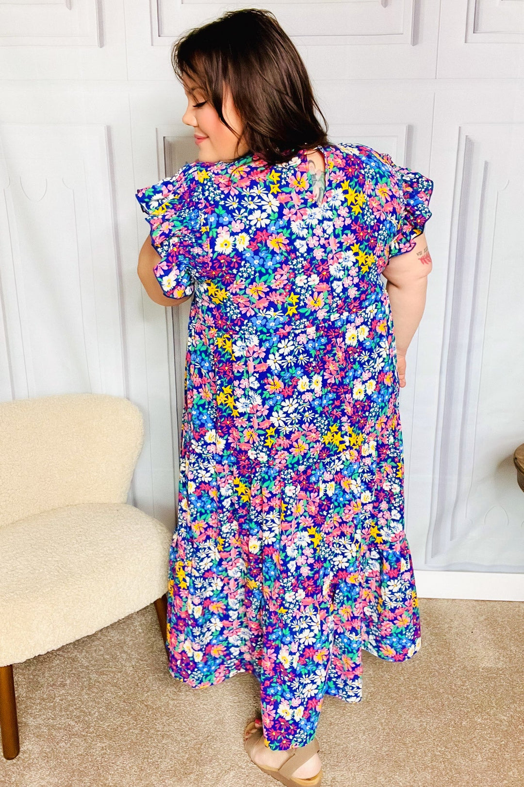 Just A Dream Navy Floral Smocked Ruffle Sleeve Maxi Dress | Nikki &amp; Co. Boutique