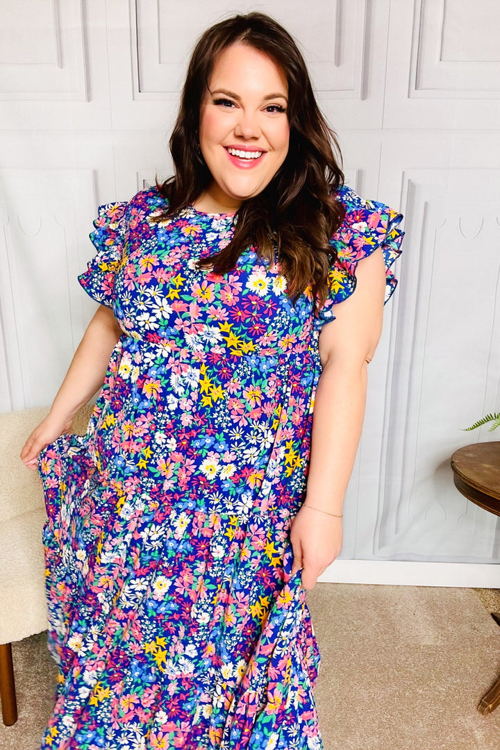 Just A Dream Navy Floral Smocked Ruffle Sleeve Maxi Dress | Nikki &amp; Co. Boutique