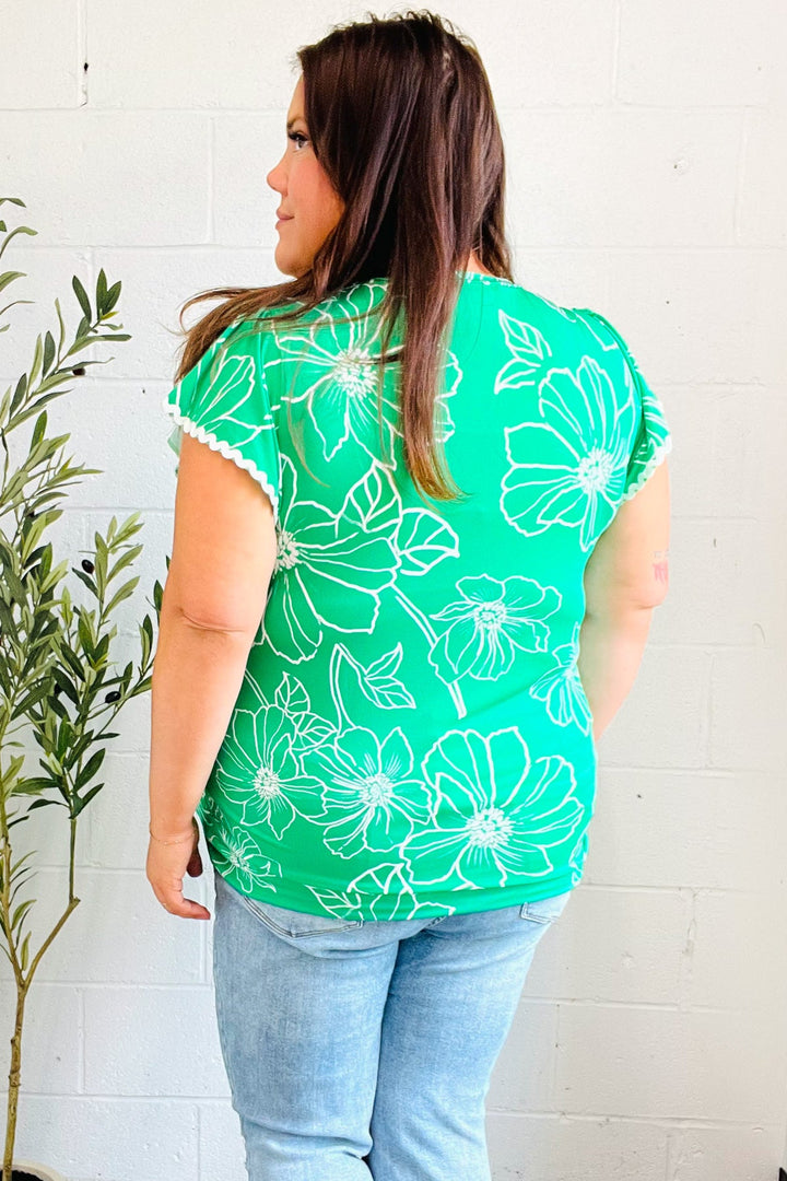 Follow Me Emerald Floral Ric Rac Trim Flutter Sleeve Tops | Nikki &amp; Co. Boutique