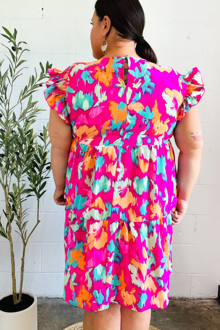 Look of Love Fuchsia Abstract Floral Print Smocked Ruffle Sleeve Dress | Nikki &amp; Co. Boutique