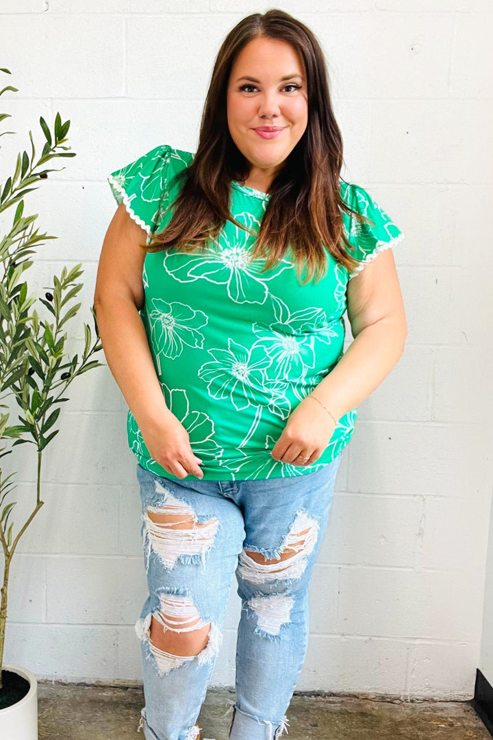 Follow Me Emerald Floral Ric Rac Trim Flutter Sleeve Tops | Nikki &amp; Co. Boutique