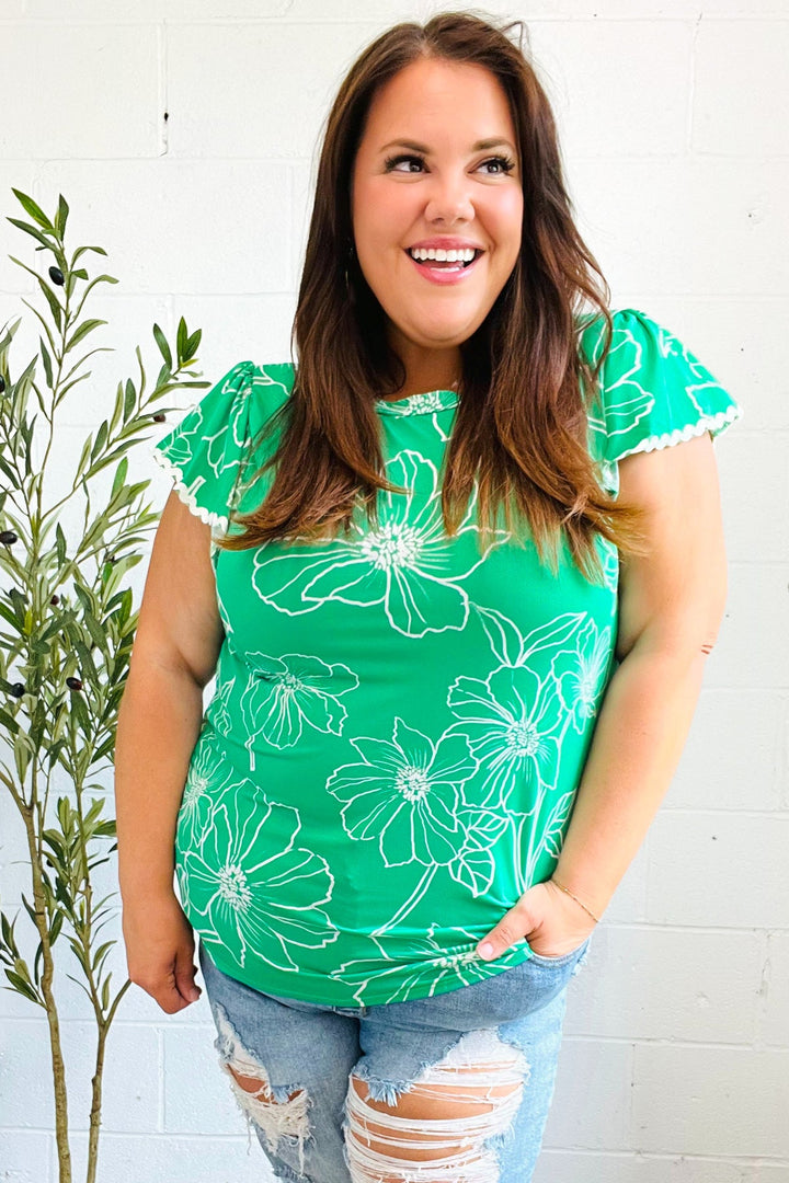 Follow Me Emerald Floral Ric Rac Trim Flutter Sleeve Tops | Nikki &amp; Co. Boutique