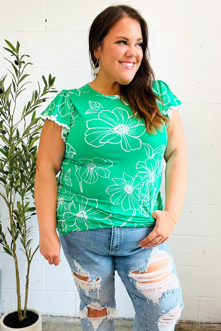 Follow Me Emerald Floral Ric Rac Trim Flutter Sleeve Tops | Nikki &amp; Co. Boutique