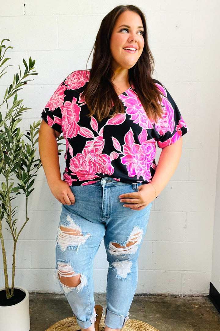 Tropical Vibes Black &amp; Hot Pink Floral V Neck Tops | Nikki &amp; Co. Boutique