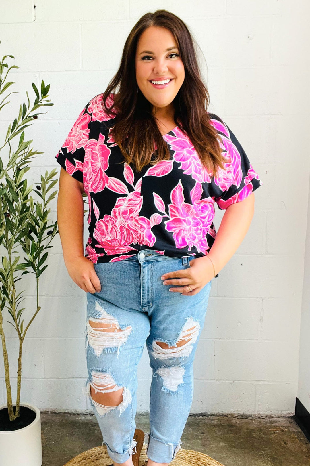 Tropical Vibes Black &amp; Hot Pink Floral V Neck Tops | Nikki &amp; Co. Boutique