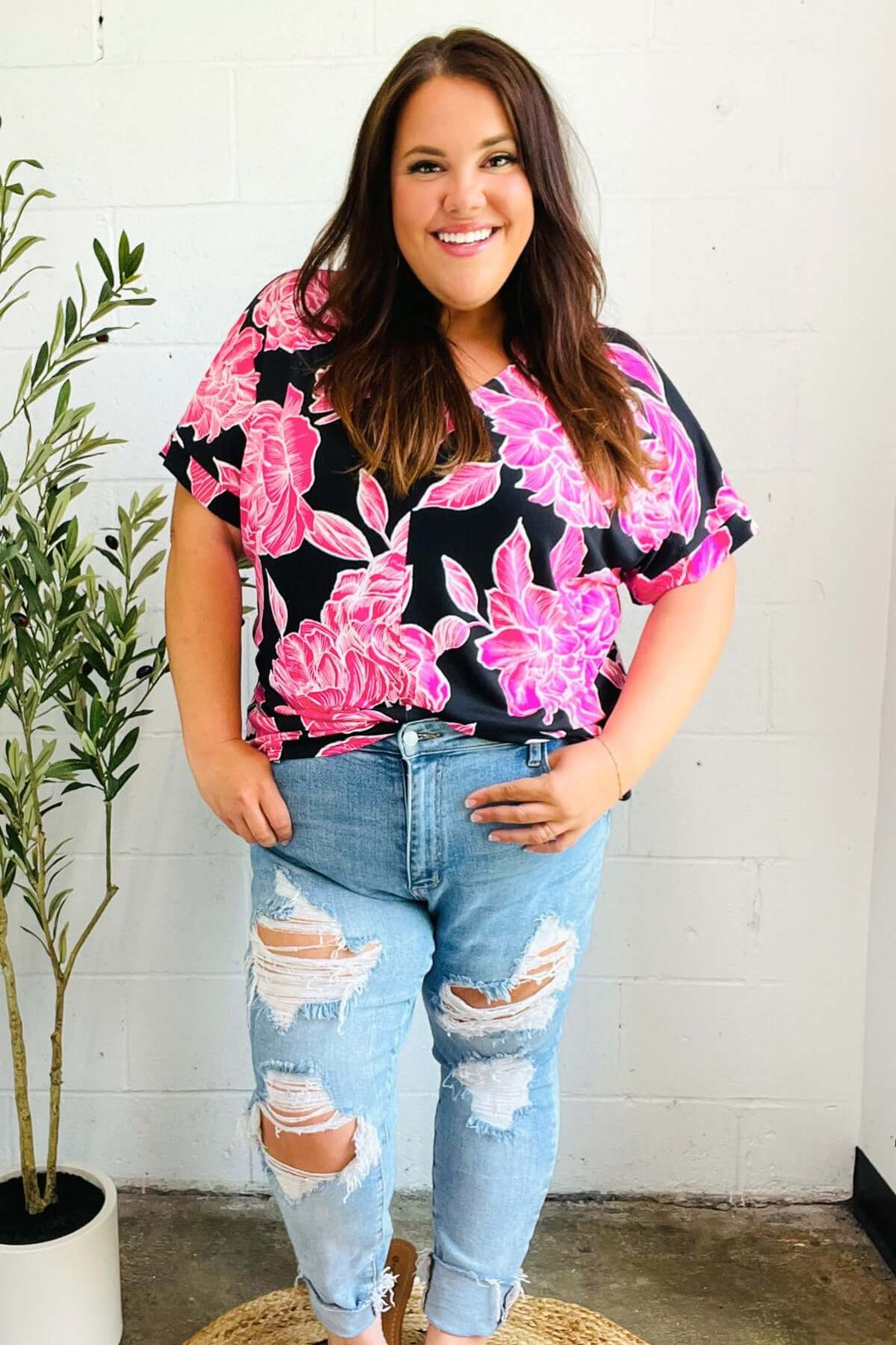 Tropical Vibes Black &amp; Hot Pink Floral V Neck Tops - Nikki &amp; Co. Boutique