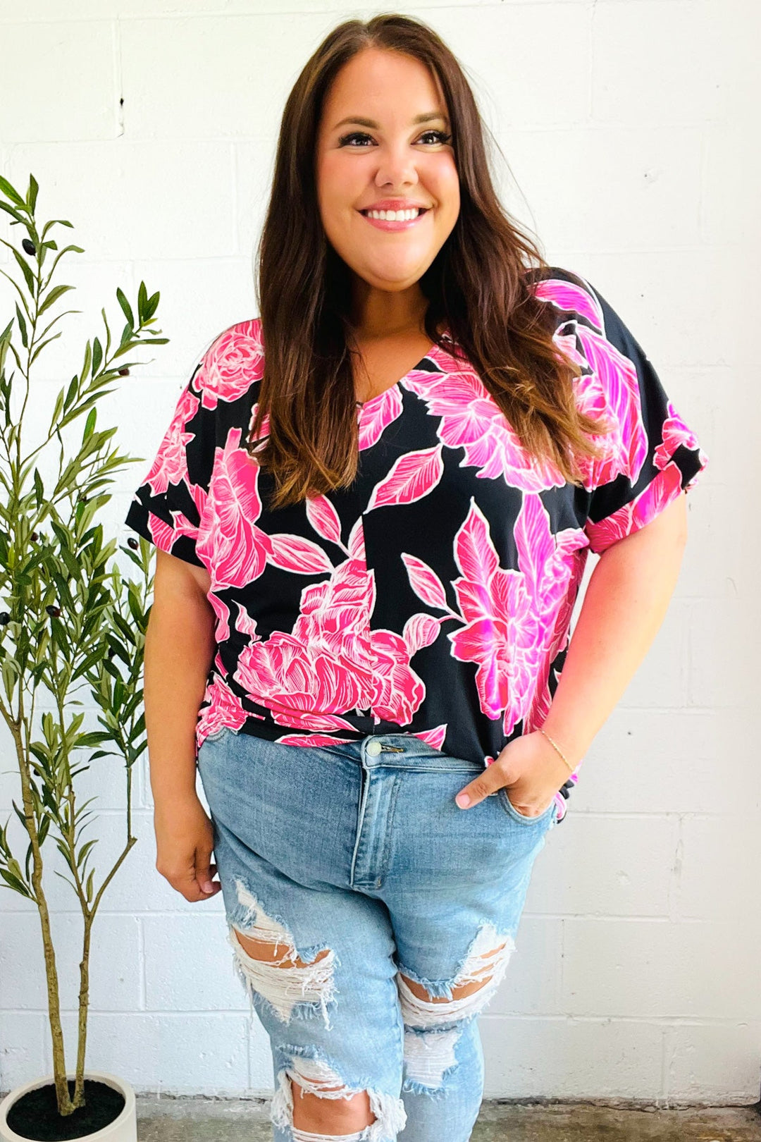 Tropical Vibes Black &amp; Hot Pink Floral V Neck Tops | Nikki &amp; Co. Boutique