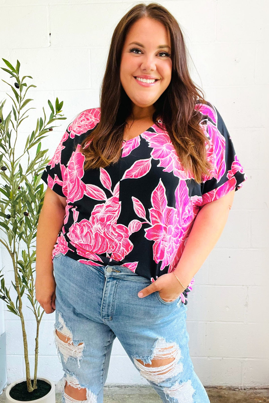 Tropical Vibes Black &amp; Hot Pink Floral V Neck Tops | Nikki &amp; Co. Boutique