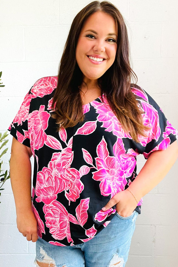 Tropical Vibes Black &amp; Hot Pink Floral V Neck Tops | Nikki &amp; Co. Boutique