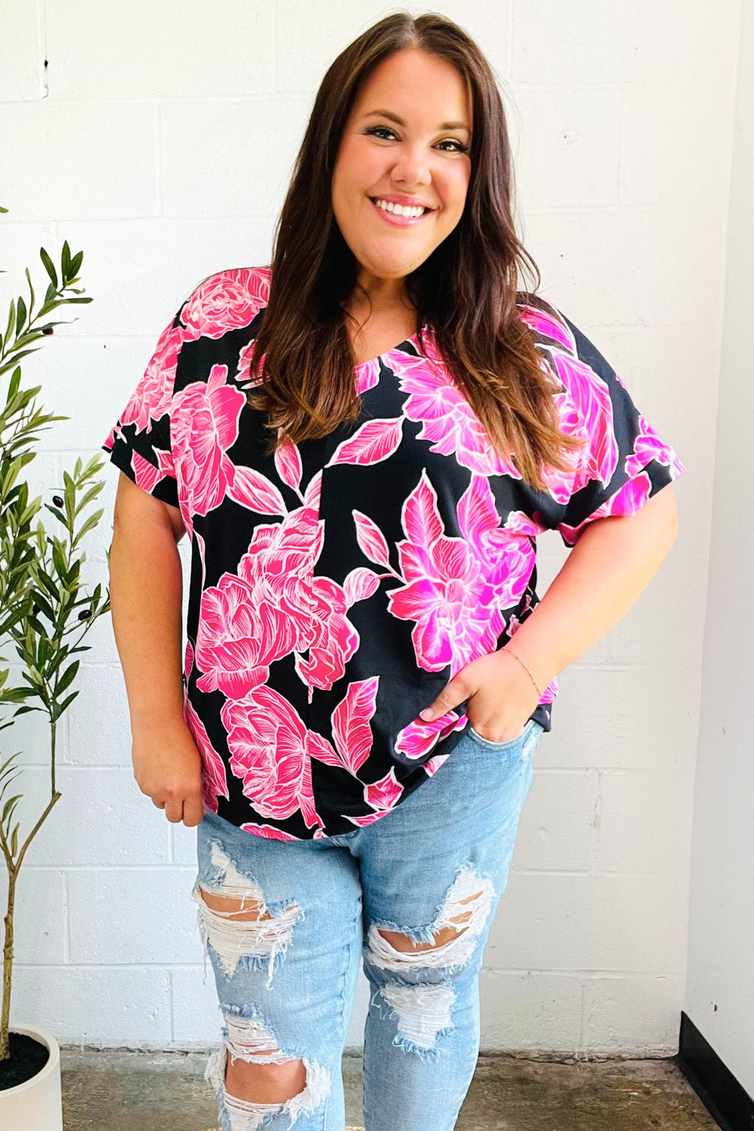 Tropical Vibes Black &amp; Hot Pink Floral V Neck Tops | Nikki &amp; Co. Boutique
