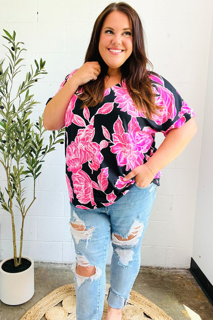 Tropical Vibes Black &amp; Hot Pink Floral V Neck Tops | Nikki &amp; Co. Boutique