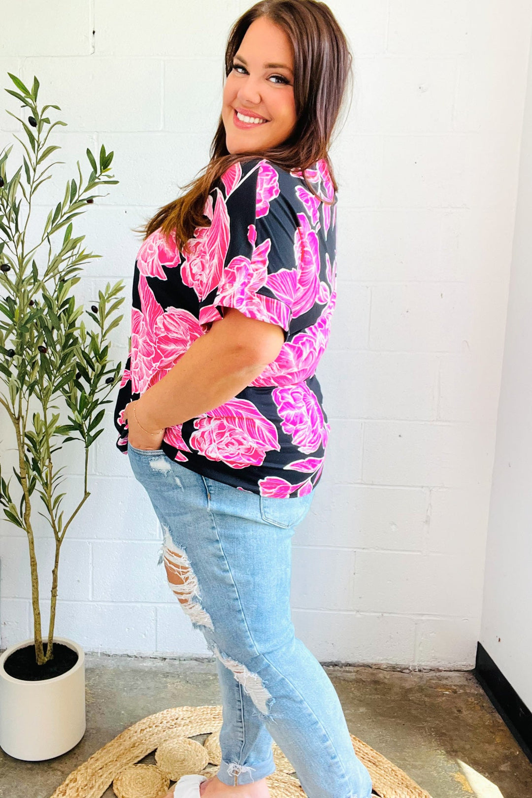 Tropical Vibes Black &amp; Hot Pink Floral V Neck Tops | Nikki &amp; Co. Boutique