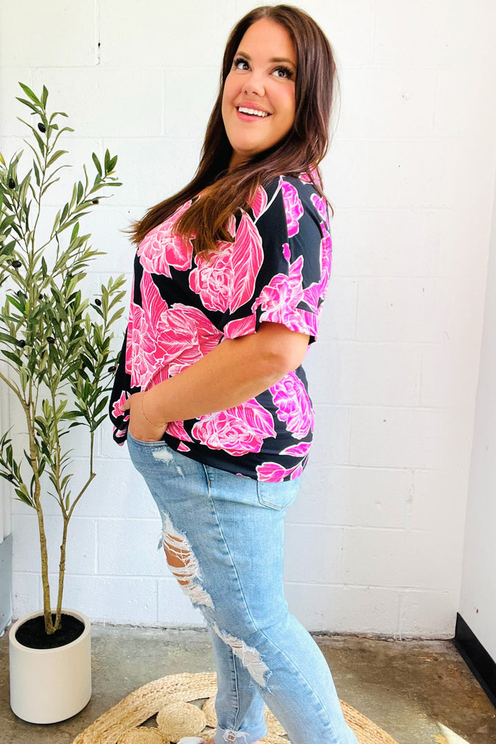 Tropical Vibes Black &amp; Hot Pink Floral V Neck Tops | Nikki &amp; Co. Boutique