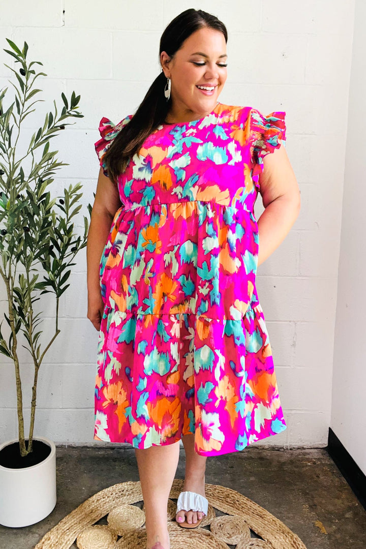 Look of Love Fuchsia Abstract Floral Print Smocked Ruffle Sleeve Dress | Nikki &amp; Co. Boutique