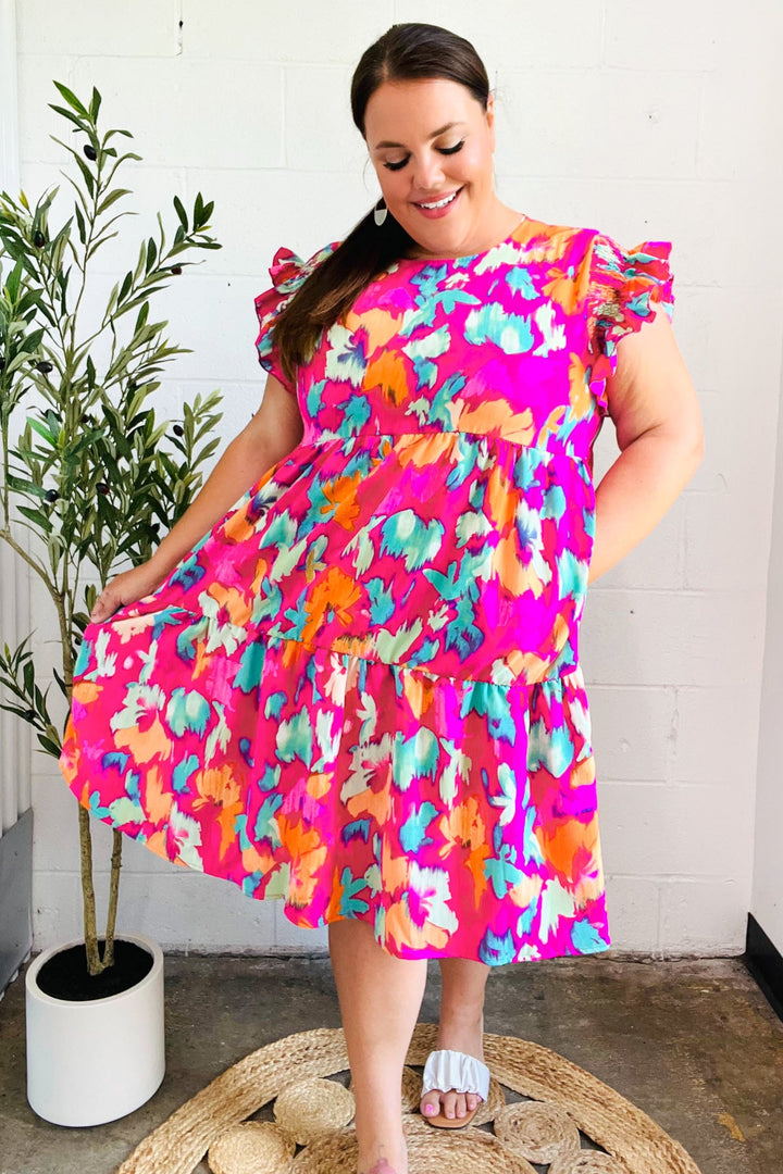 Look of Love Fuchsia Abstract Floral Print Smocked Ruffle Sleeve Dress | Nikki &amp; Co. Boutique