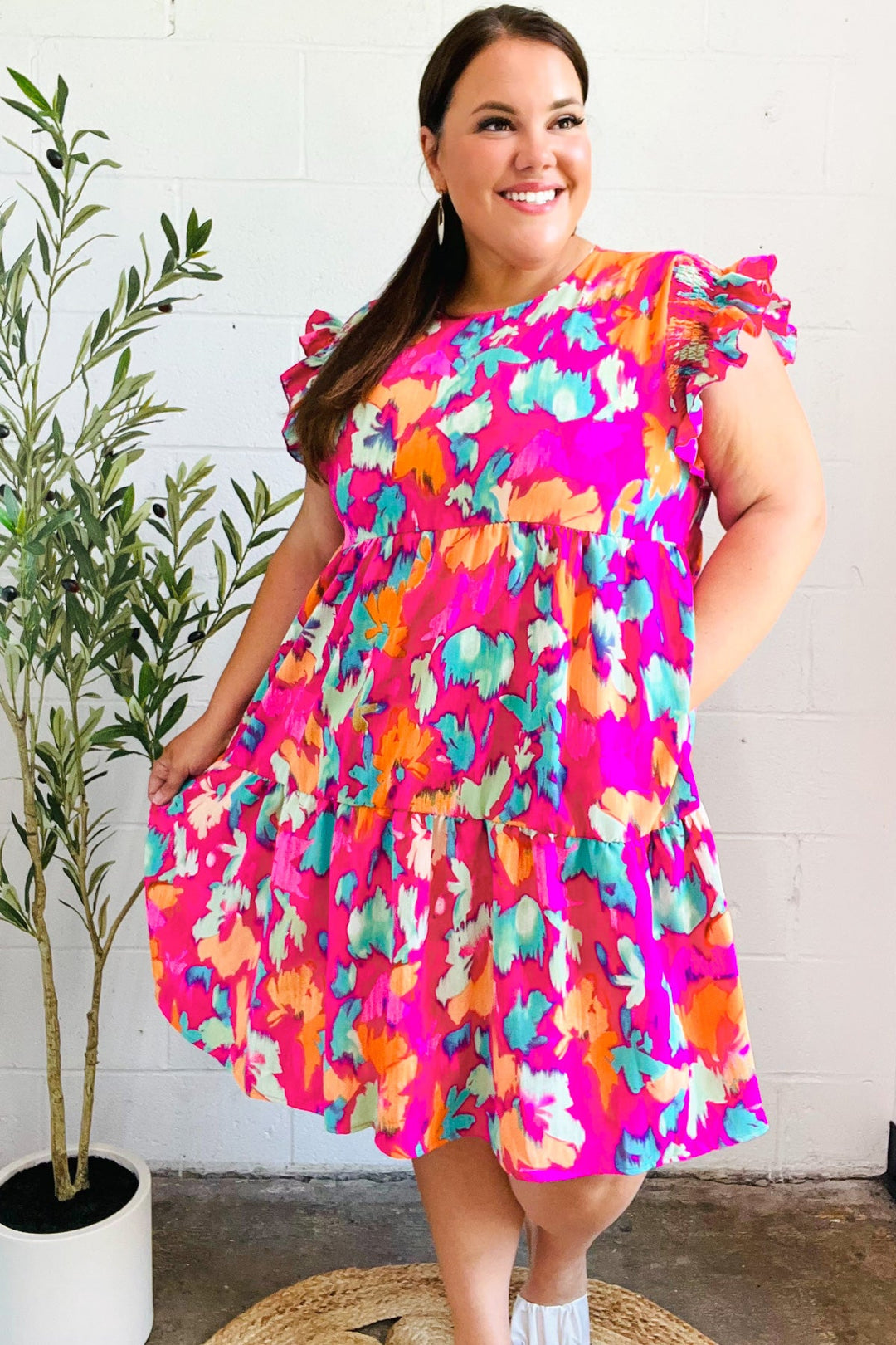 Look of Love Fuchsia Abstract Floral Print Smocked Ruffle Sleeve Dress | Nikki &amp; Co. Boutique