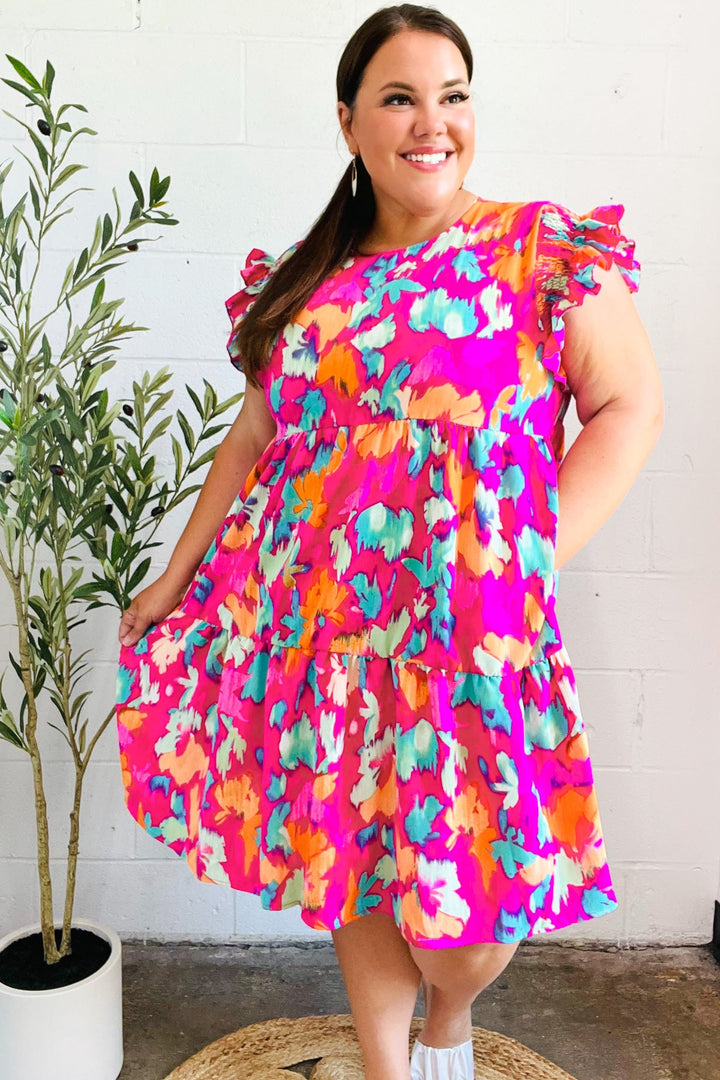 Look of Love Fuchsia Abstract Floral Print Smocked Ruffle Sleeve Dress | Nikki &amp; Co. Boutique