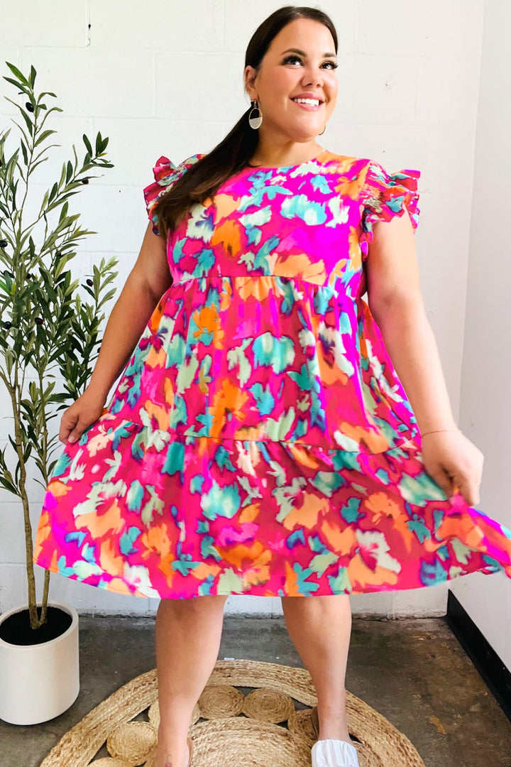 Look of Love Fuchsia Abstract Floral Print Smocked Ruffle Sleeve Dress | Nikki &amp; Co. Boutique