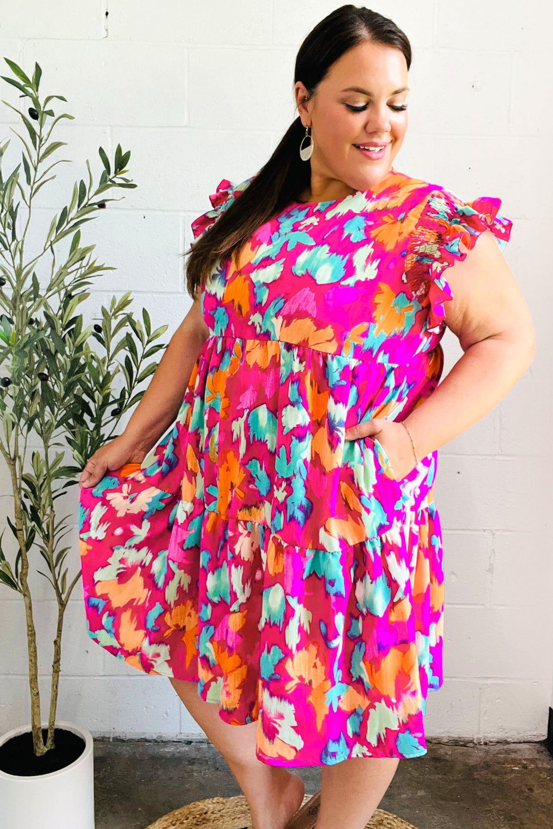 Look of Love Fuchsia Abstract Floral Print Smocked Ruffle Sleeve Dress | Nikki &amp; Co. Boutique