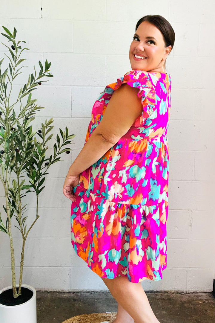 Look of Love Fuchsia Abstract Floral Print Smocked Ruffle Sleeve Dress | Nikki &amp; Co. Boutique