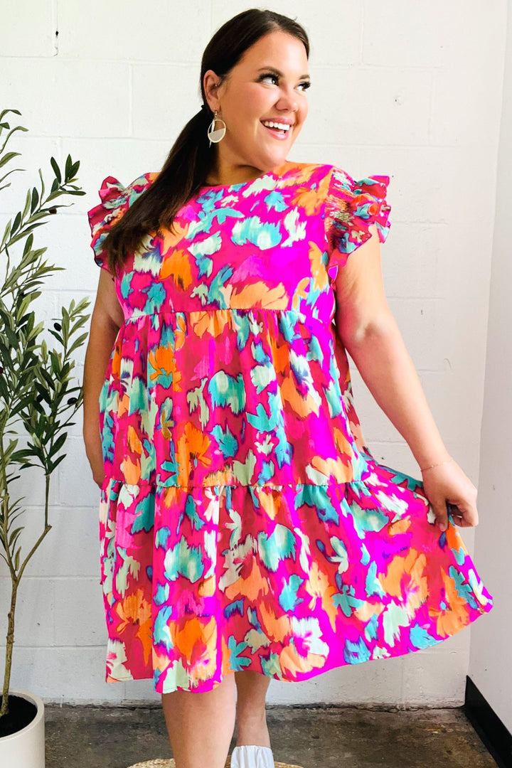 Look of Love Fuchsia Abstract Floral Print Smocked Ruffle Sleeve Dress | Nikki &amp; Co. Boutique