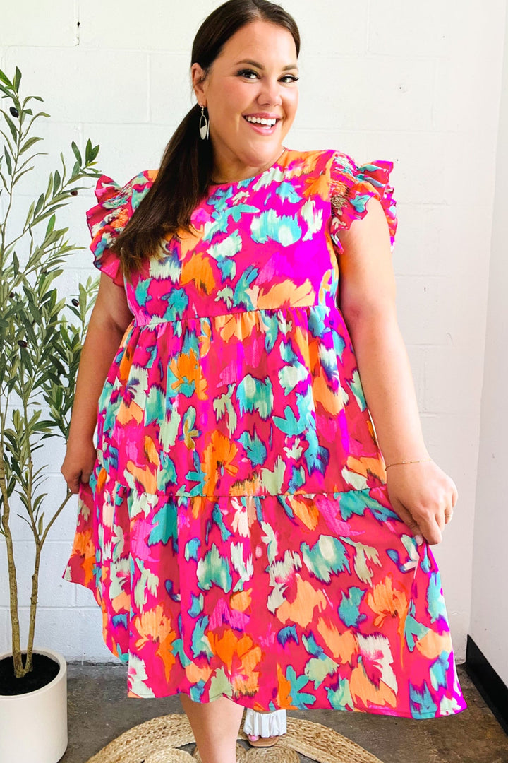 Look of Love Fuchsia Abstract Floral Print Smocked Ruffle Sleeve Dress | Nikki &amp; Co. Boutique