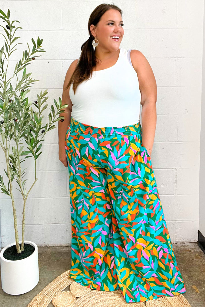 Summer Vibes Green &amp; Orange Abstract Print Smocked Palazzo Pants | Nikki &amp; Co. Boutique