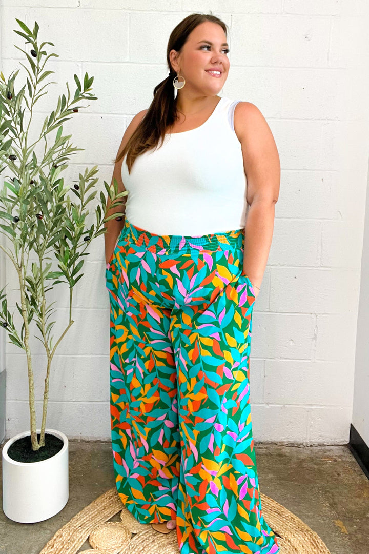 Summer Vibes Green &amp; Orange Abstract Print Smocked Palazzo Pants | Nikki &amp; Co. Boutique