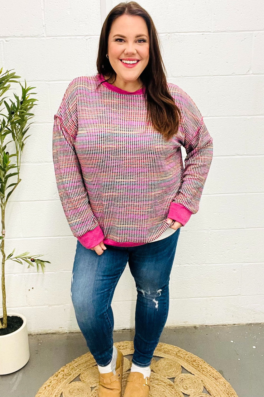 Bring Joy Magenta Multicolor Textured Waffle Knit Sweater | Nikki &amp; Co. Boutique