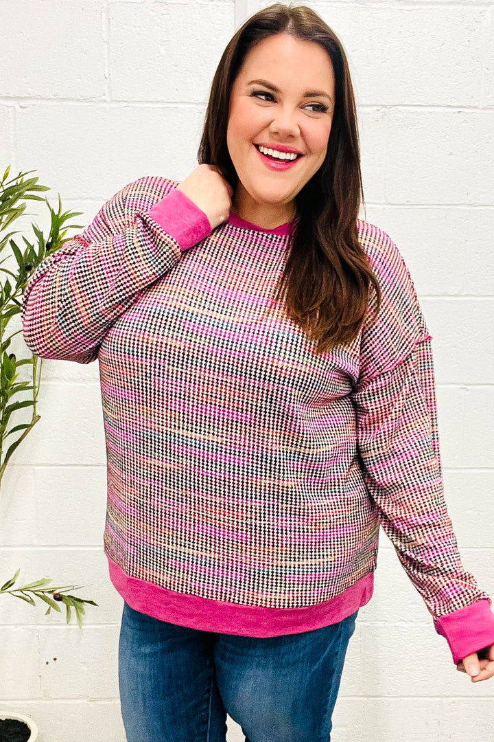 Bring Joy Magenta Multicolor Textured Waffle Knit Sweater | Nikki &amp; Co. Boutique