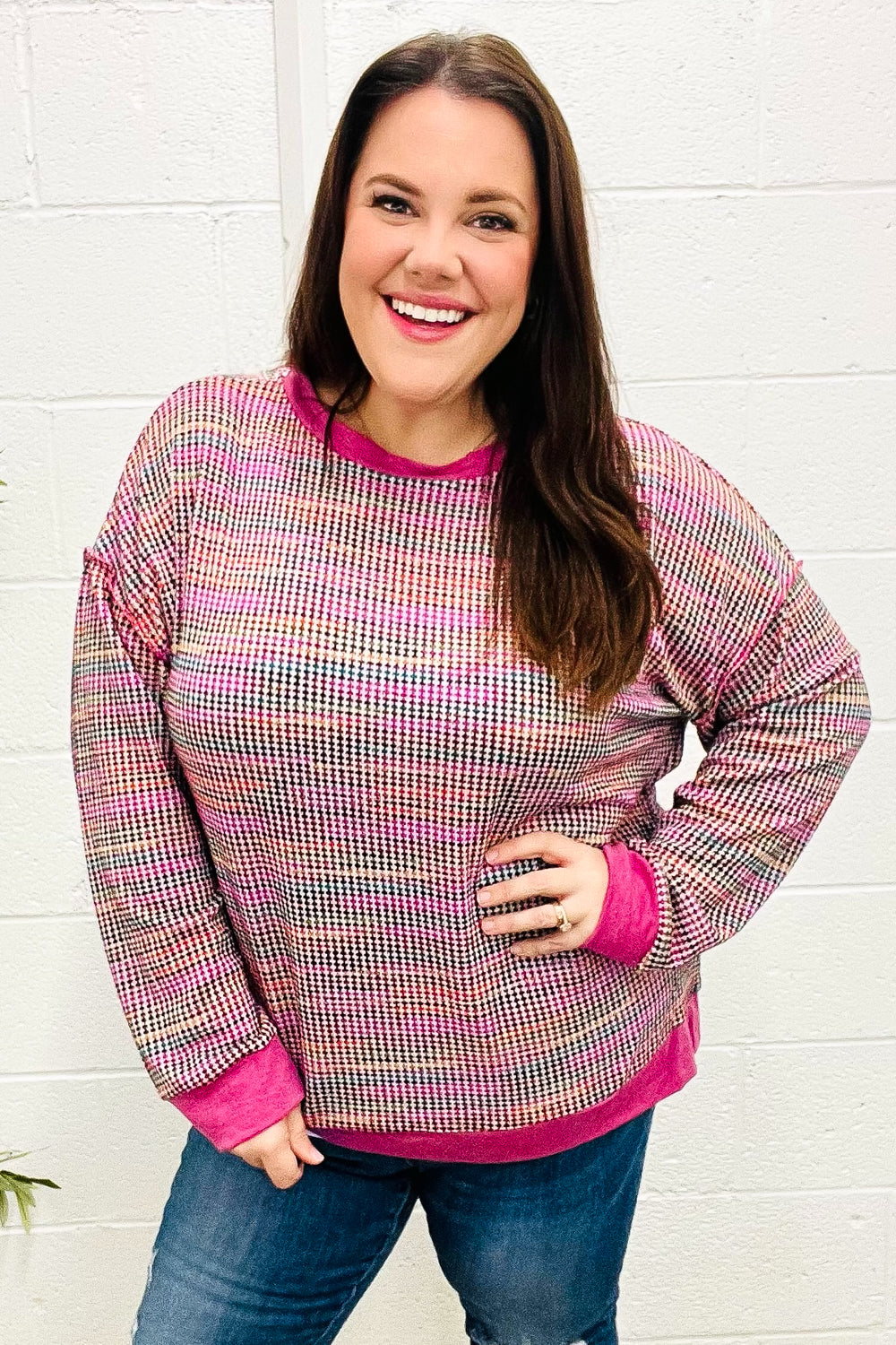 Bring Joy Magenta Multicolor Textured Waffle Knit Sweater | Nikki &amp; Co. Boutique