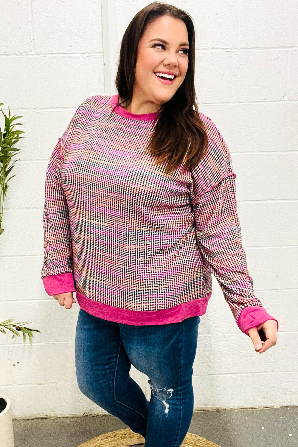 Bring Joy Magenta Multicolor Textured Waffle Knit Sweater | Nikki &amp; Co. Boutique