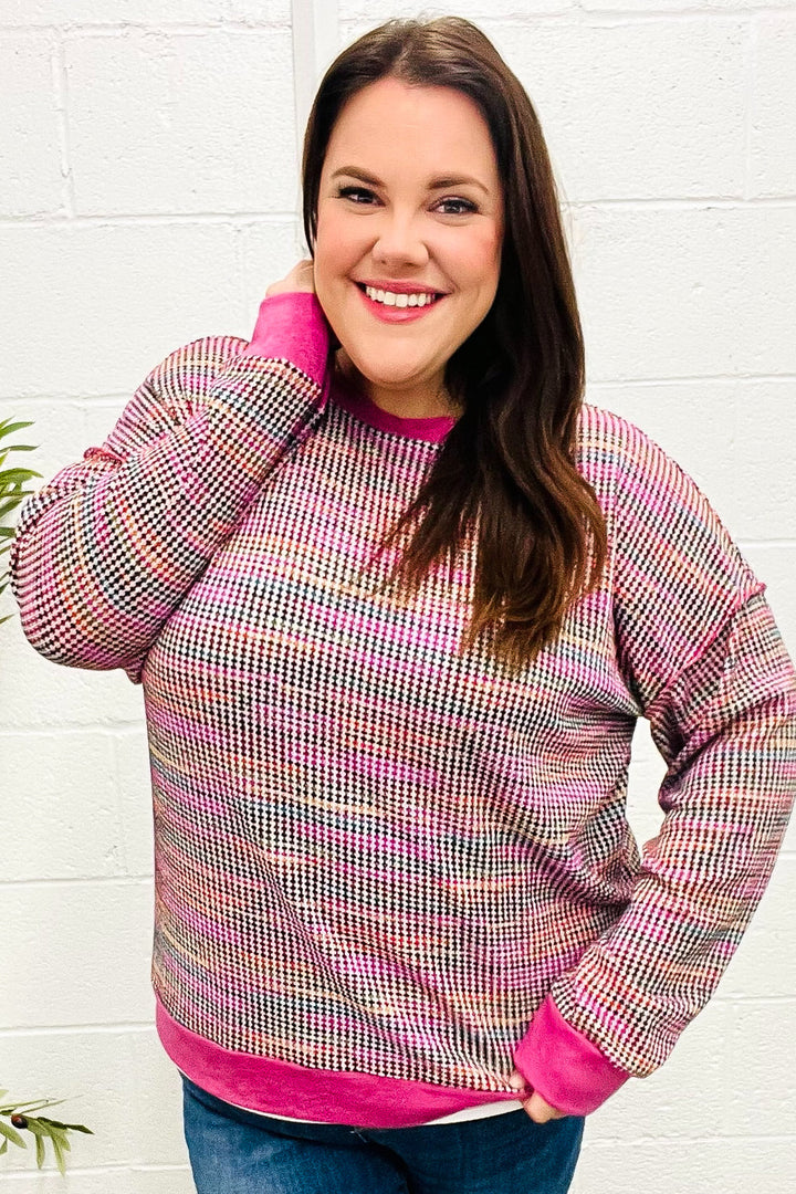 Bring Joy Magenta Multicolor Textured Waffle Knit Sweater | Nikki &amp; Co. Boutique