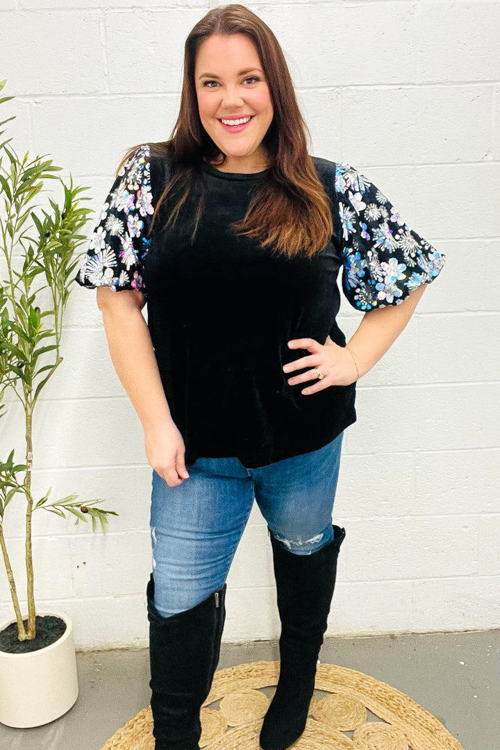 Feeling Glamorous Black Floral Sequin Puff Sleeve Velvet Tops | Nikki &amp; Co. Boutique