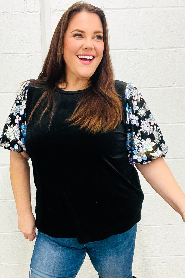 Feeling Glamorous Black Floral Sequin Puff Sleeve Velvet Tops | Nikki &amp; Co. Boutique
