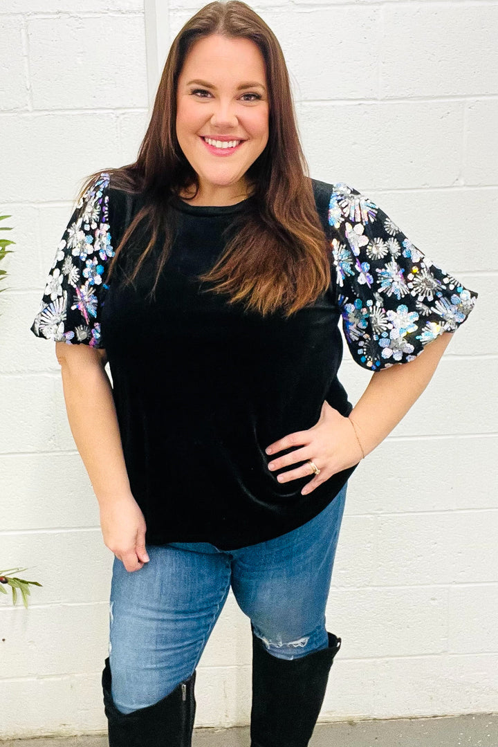 Feeling Glamorous Black Floral Sequin Puff Sleeve Velvet Tops | Nikki &amp; Co. Boutique