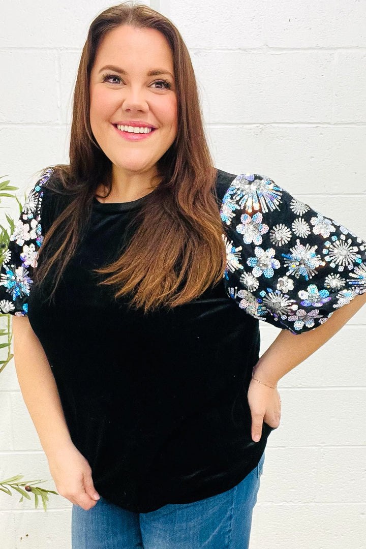Feeling Glamorous Black Floral Sequin Puff Sleeve Velvet Tops | Nikki &amp; Co. Boutique
