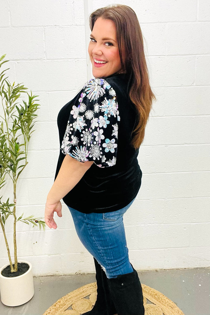 Feeling Glamorous Black Floral Sequin Puff Sleeve Velvet Tops | Nikki &amp; Co. Boutique