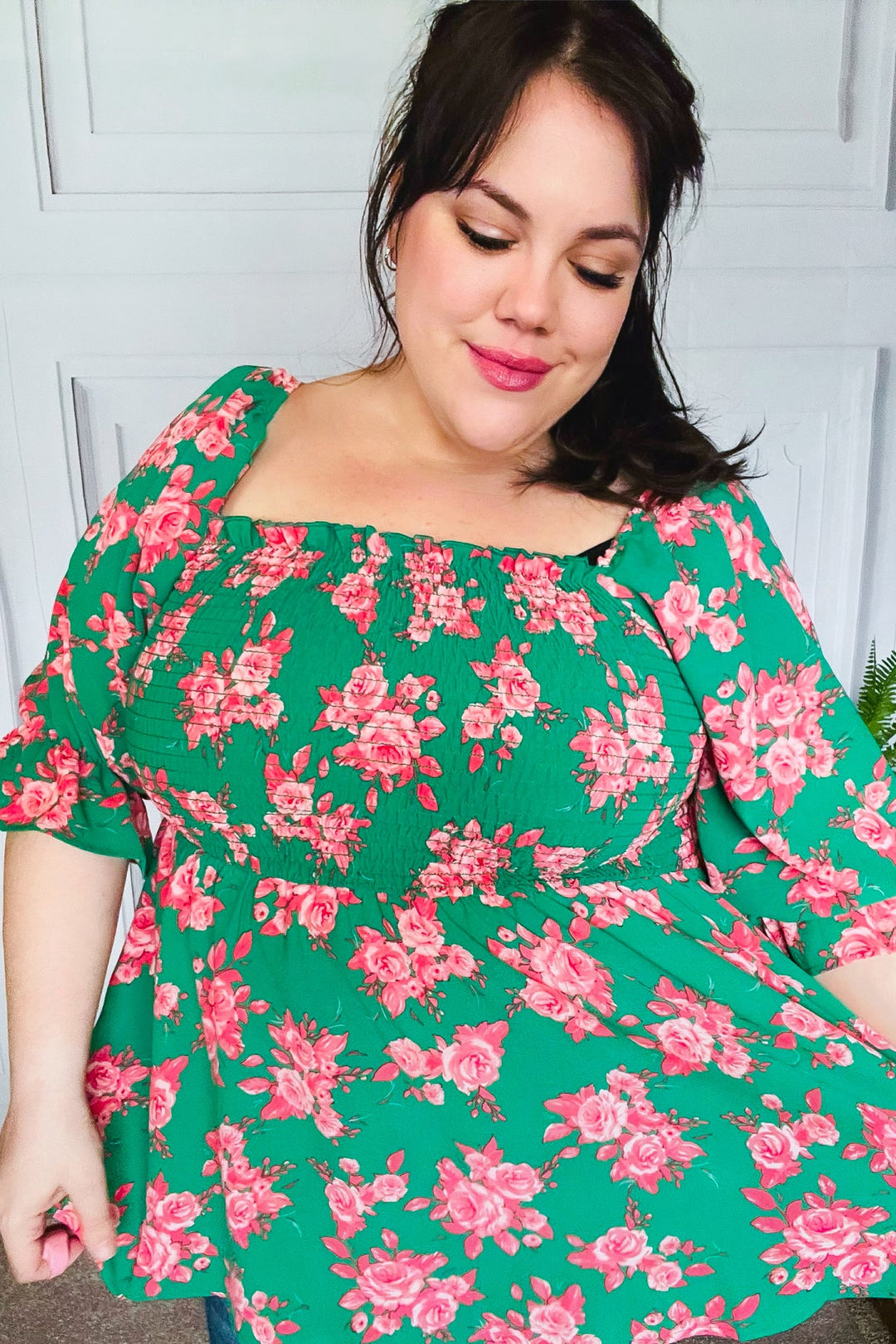 Sumptuous In Smocked Green &amp; Coral Flower Print Babydoll Tops | Nikki &amp; Co. Boutique