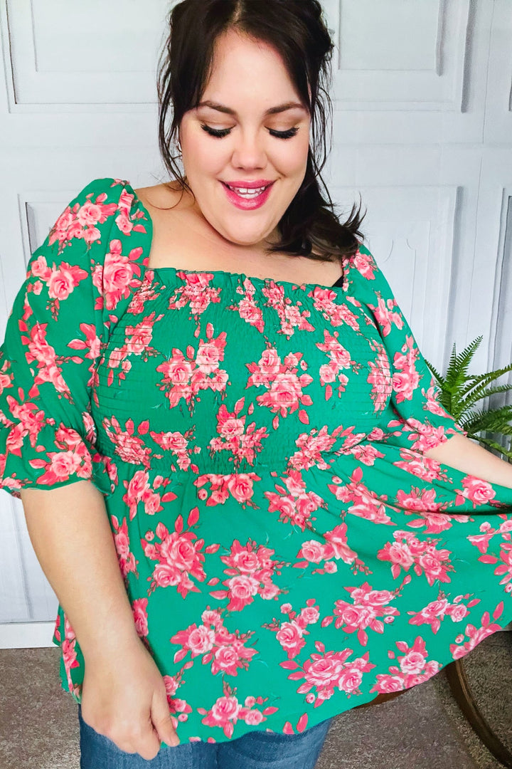 Sumptuous In Smocked Green &amp; Coral Flower Print Babydoll Tops | Nikki &amp; Co. Boutique