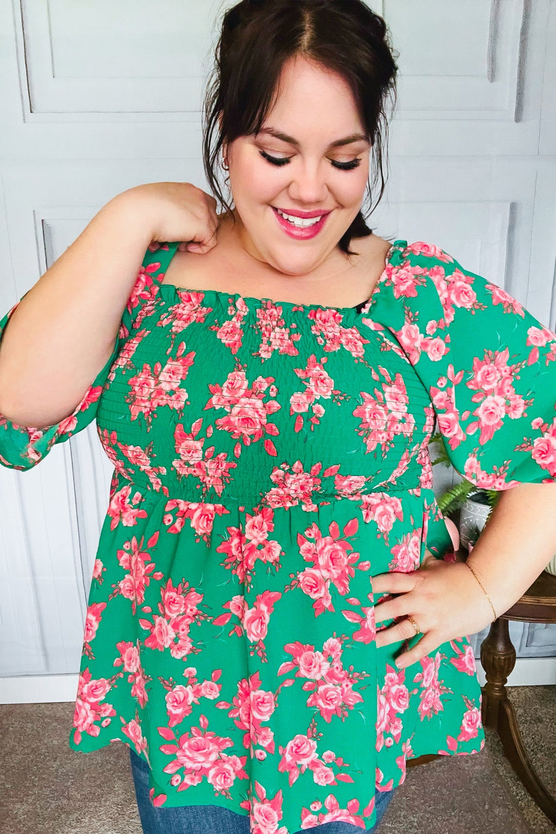 Sumptuous In Smocked Green &amp; Coral Flower Print Babydoll Tops | Nikki &amp; Co. Boutique