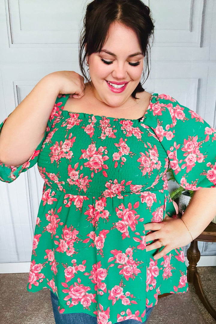 Sumptuous In Smocked Green &amp; Coral Flower Print Babydoll Tops | Nikki &amp; Co. Boutique