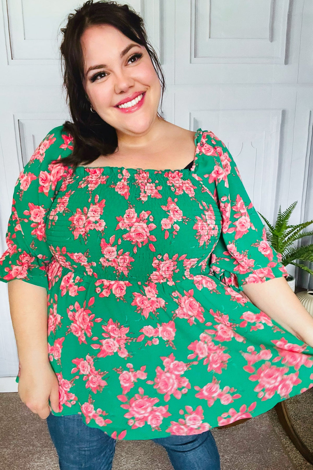 Sumptuous In Smocked Green &amp; Coral Flower Print Babydoll Tops | Nikki &amp; Co. Boutique